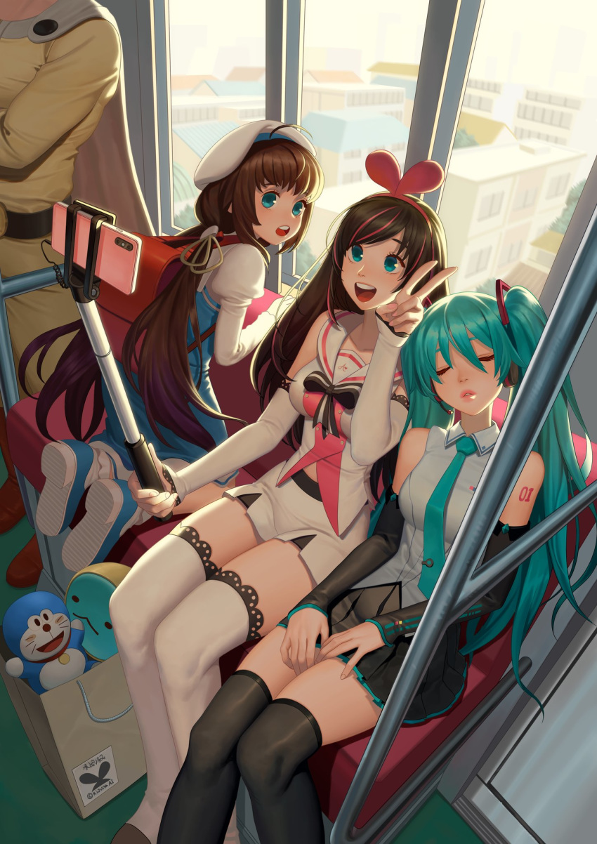 1boy 3girls a.i._channel ahoge aqua_hair bangs bare_shoulders black_legwear black_skirt blue_dress blue_eyes brown_hair cellphone closed_eyes collarbone crossover detached_sleeves doraemon doraemon_(character) dress hairband hat hatsune_miku highres hinatsuru_ai hongcasso juliet_sleeves kizuna_ai lips long_hair long_sleeves looking_at_viewer multiple_girls nail_polish necktie one-punch_man open_mouth parted_lips phone pink_nails puffy_sleeves ryuuou_no_oshigoto! saitama_(one-punch_man) self_shot selfie_stick shorts skirt smartphone teeth thighhighs twintails v virtual_youtuber vocaloid white_headwear white_legwear white_shorts