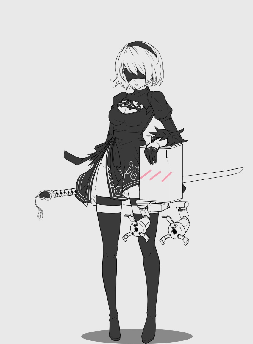 1girl absurdres black_blindfold black_dress black_hairband black_legwear blindfold blush blush_stickers breasts cleavage_cutout covered_eyes dress drone feather-trimmed_sleeves feather_trim full_body greyscale hairband highres juliet_sleeves katana long_sleeves medium_breasts mole mole_under_mouth monochrome mr4891102 nier_(series) nier_automata pod_(nier_automata) puffy_sleeves robot short_hair simple_background sketch solo sword thighhighs virtuous_contract weapon white_background yorha_no._2_type_b