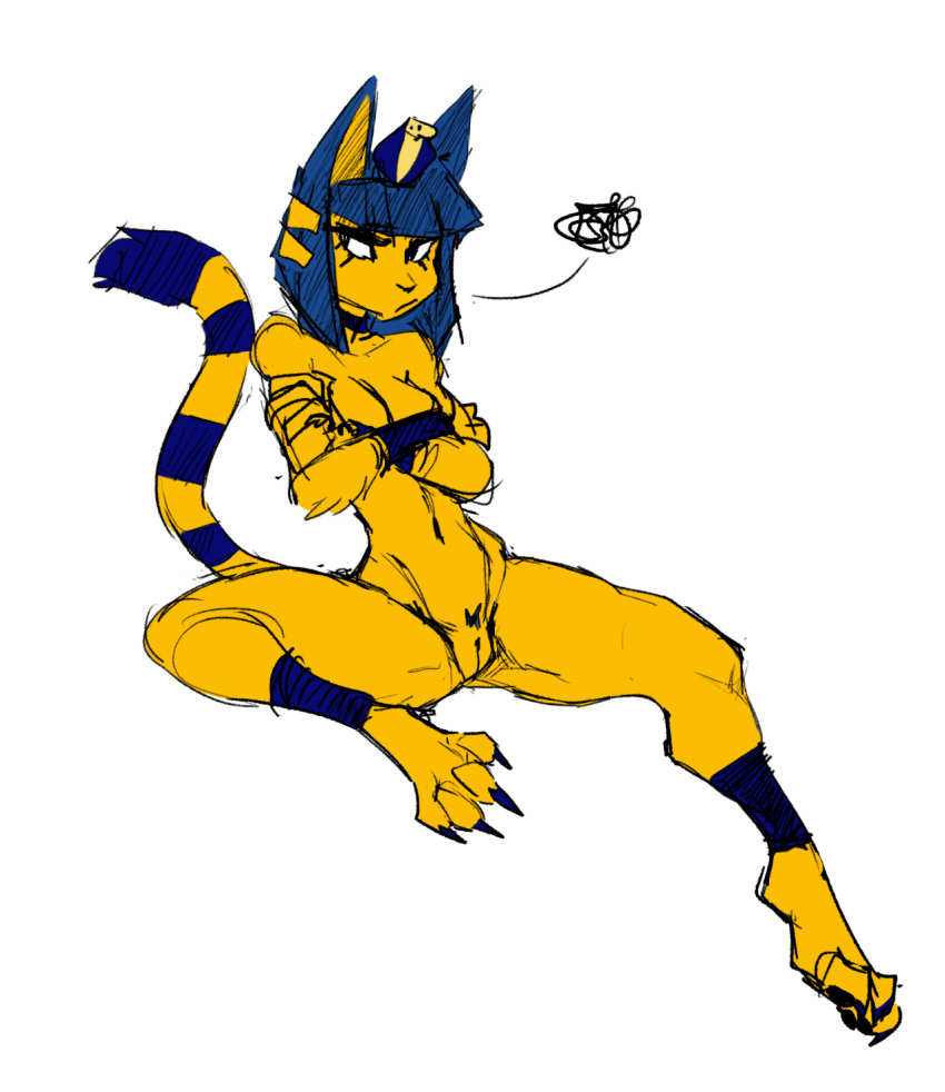 2018 animal_crossing ankha_(animal_crossing) annoyed anthro blue_fur blue_hair breasts claws cleavage clothed clothing color_edit colored crossed_arms domestic_cat edit egyptian_clothing felicity_longis felid feline felis female fur guoh hair hi_res mammal nintendo nude pussy simple_background sitting sketch solo striped_tail stripes uraeus video_games white_background yellow_fur