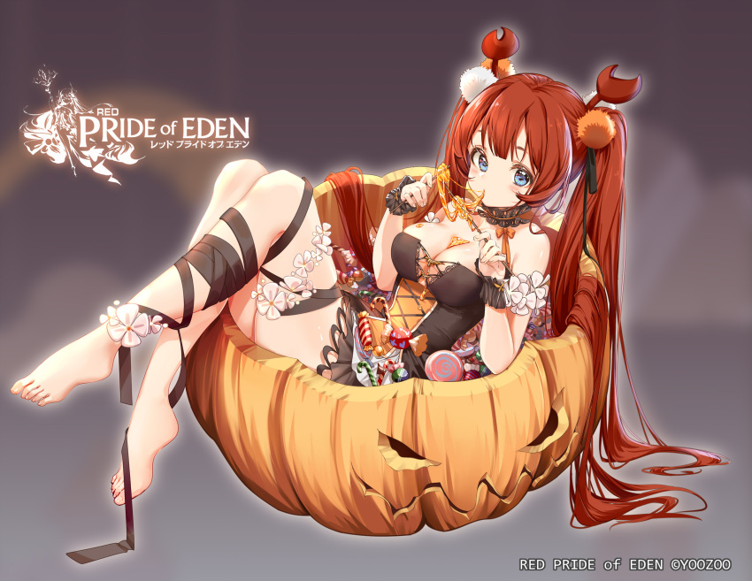 1girl bangs bare_shoulders barefoot black_dress blue_eyes blush breasts candy candy_cane candy_wrapper cleavage clouble commentary_request copyright_name dress eyebrows_visible_through_hair flower food full_body hermit_(pride_of_eden) highres holding jack-o'-lantern legs lollipop long_hair looking_at_viewer medium_breasts official_art red:_pride_of_eden red_hair solo strapless strapless_dress swirl_lollipop toes twintails very_long_hair watermark white_flower wrist_cuffs
