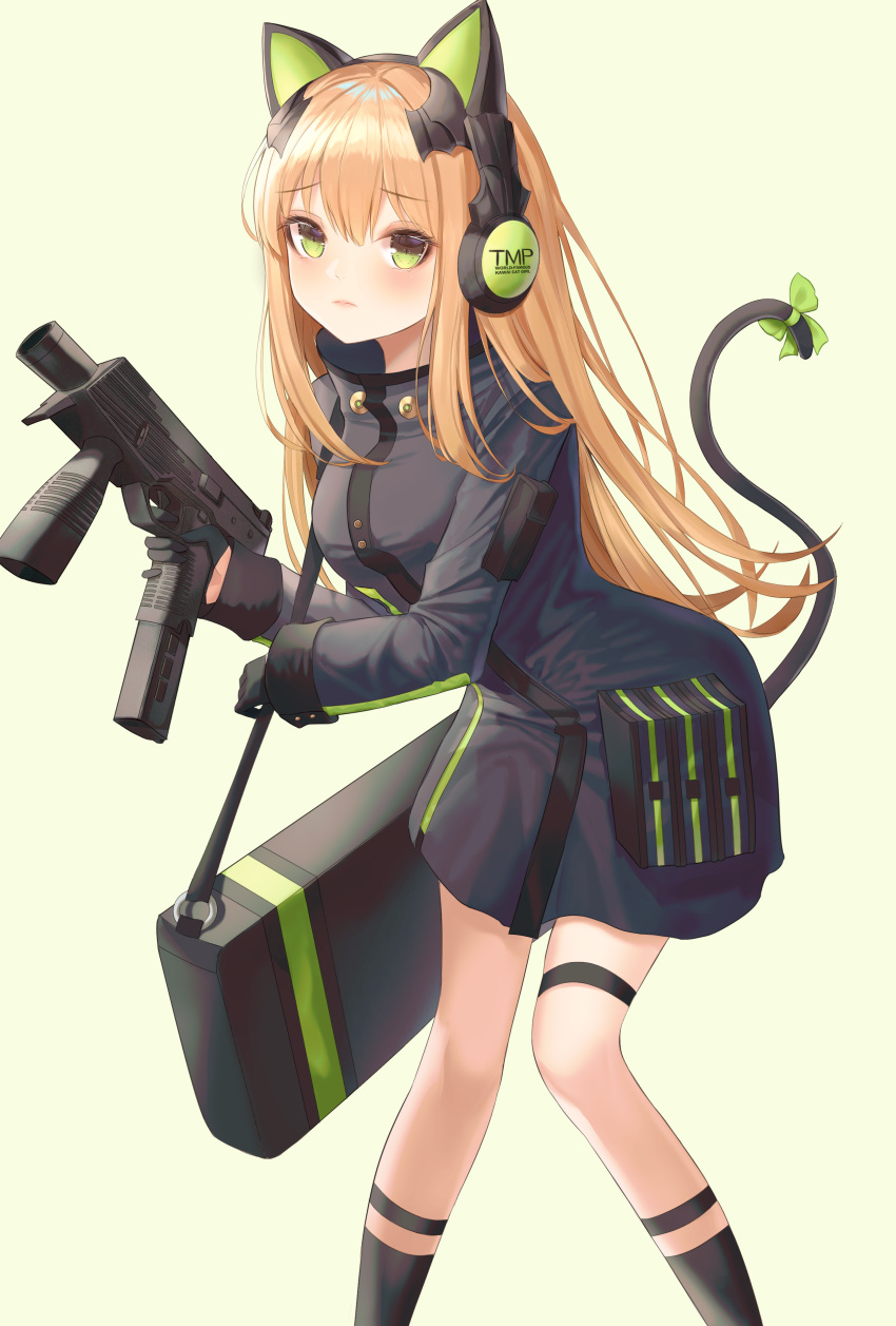 1girl absurdres animal_ears black_dress black_gloves blonde_hair bosumonki cat_ear_headphones cat_tail character_name commentary dress fake_animal_ears girls_frontline gloves green_eyes green_ribbon gun headphones highres holding holding_gun holding_weapon kneehighs long_hair long_sleeves looking_at_viewer object_namesake ribbon solo standing steyr_tmp submachine_gun tail tail_raised tail_ribbon thigh_strap thighs tmp_(girls_frontline) very_long_hair weapon