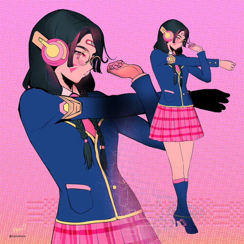 1girl academy_d.va alternate_costume alternate_eye_color alternate_hair_color alternate_hairstyle bespectacled black_hair blazer blush d.va_(overwatch) full_body glasses hair_over_shoulder headphones heco_(mama) high_heels highres jacket long_braid long_hair overwatch pink_background pink_eyes pink_neckwear pink_skirt pleated_skirt round_eyewear school_uniform skirt socks solo stretch twitter_username whisker_markings zoom_layer