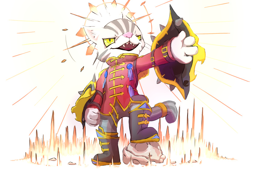 2019 anthro boots cleric clothed clothing digital_drawing_(artwork) digital_media_(artwork) domestic_cat felid feline felis footwear fur grey_fur hi_res magic male mammal multicolored_fur open_mouth pink_nose sexotheque sharp_teeth shield simple_background smile solo spikes teeth two_tone_fur white_background white_fur yellow_eyes