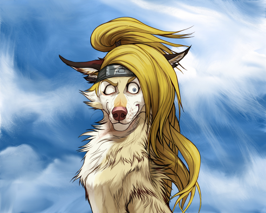 alternate_species black_fur blonde_hair blue_eyes bust_portrait canid canine creepy_smile daemon_amadare deidara feral feralized fur furrification hair headband hi_res looking_at_viewer mammal naruto ponytail portrait smile solo tan_fur white_fur