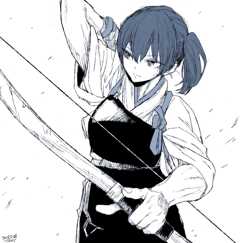 1girl artist_name bangs bow_(weapon) closed_mouth dated hair_between_eyes highres holding holding_bow_(weapon) holding_weapon japanese_clothes kaga_(kantai_collection) kantai_collection monochrome muneate muscle muscular_female ponytail short_sleeves side_ponytail simple_background sketch solo tasuki tocky upper_body weapon