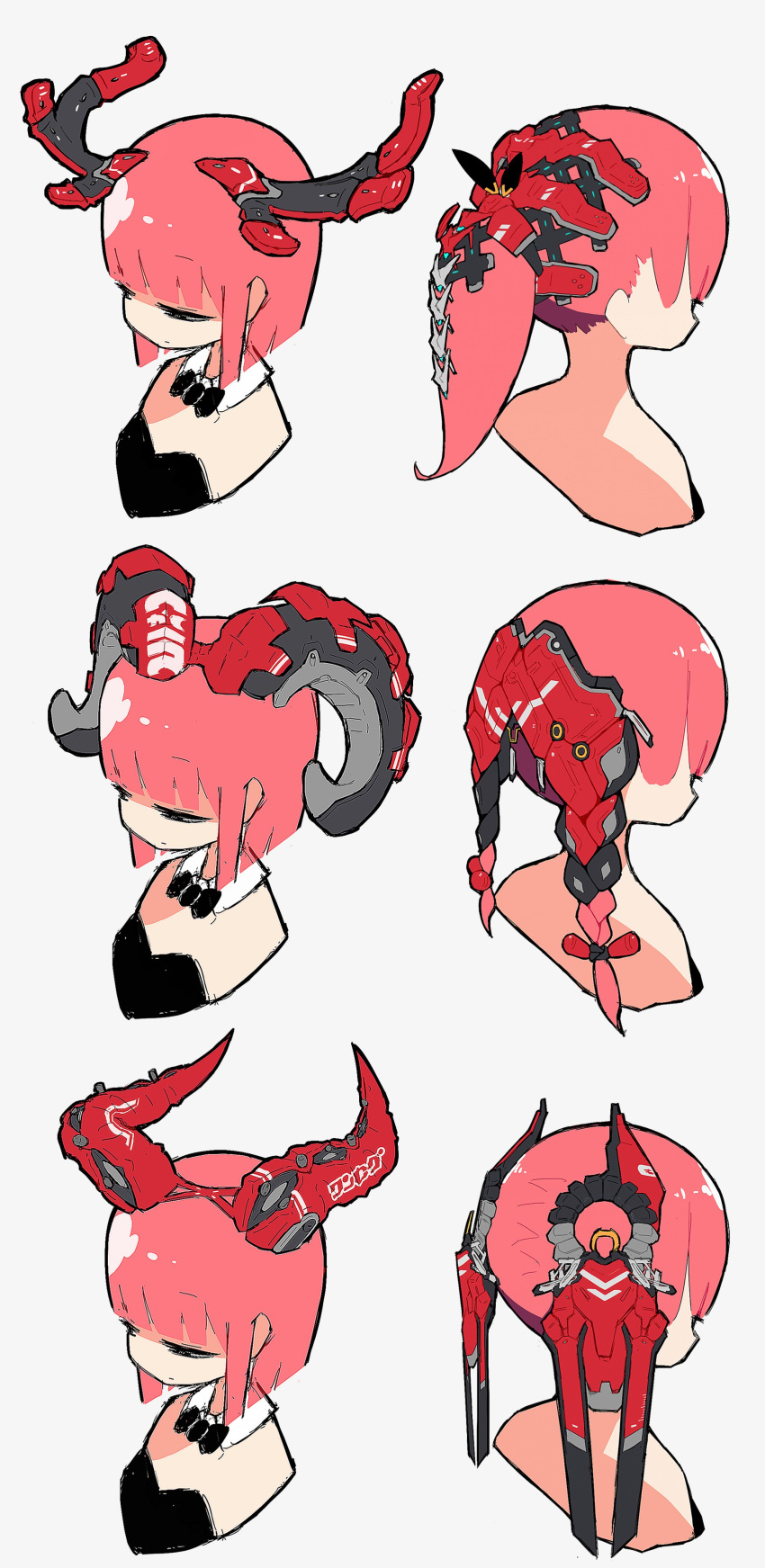 absurdres bow bowtie braid closed_eyes closed_mouth eiken3kyuboy from_behind hair_ribbon highres horns mechanical multiple_girls original pink_hair ponytail ribbon sketch twin_braids