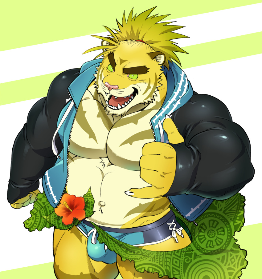 2017 anthro bulge clothed clothing eyebrows felid flower fur green_eyes hi_res jacket looking_at_viewer magan male mammal muscular muscular_male navel open_mouth open_smile pantherine plant ponytail skimpy sleeves smile solo swimwear tiger tokyo_afterschool_summoners topwear video_games xxomgx yellow_fur