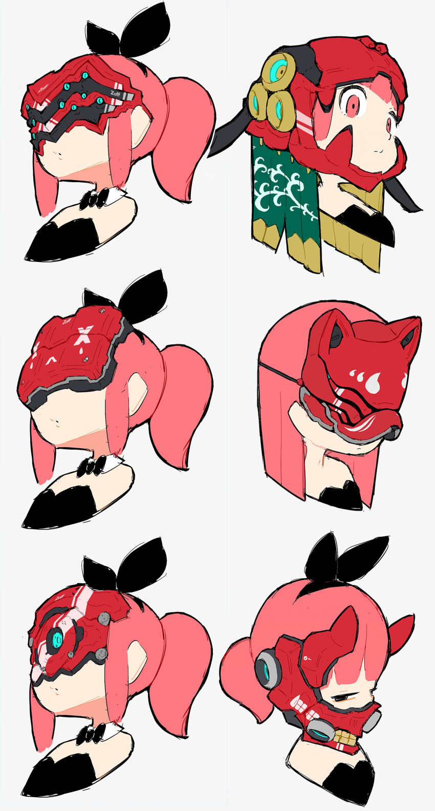 :o absurdres bow bowtie closed_mouth commentary eiken3kyuboy fox_mask hidden_eyes highres looking_to_the_side mask mechanical multiple_girls original pink_eyes pink_hair ponytail sketch straight_hair