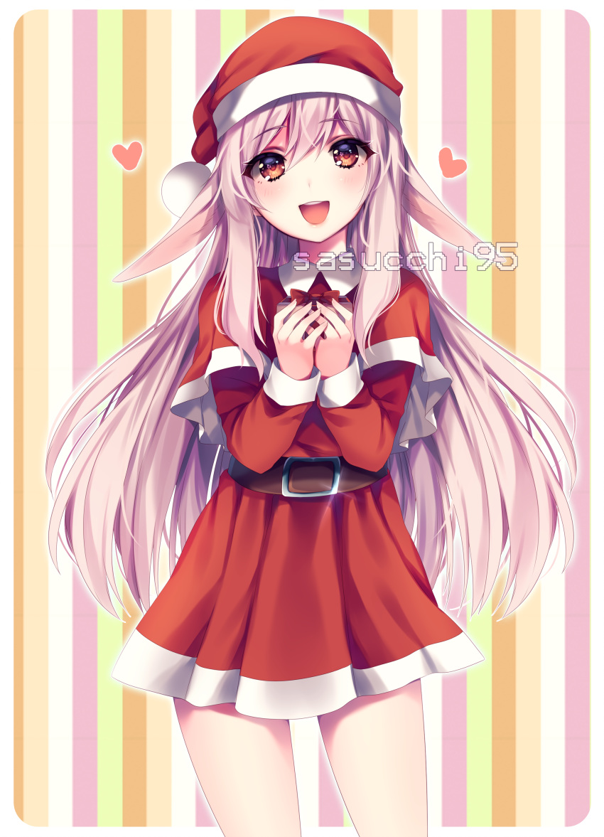 1girl absurdres artist_name belt blush box brown_hair eyebrows_visible_through_hair gift gift_box hat heart highres holding holding_gift long_sleeves looking_at_viewer open_mouth original pointy_ears red_eyes red_headwear santa_costume santa_hat sasucchi95 smile solo striped striped_background watermark