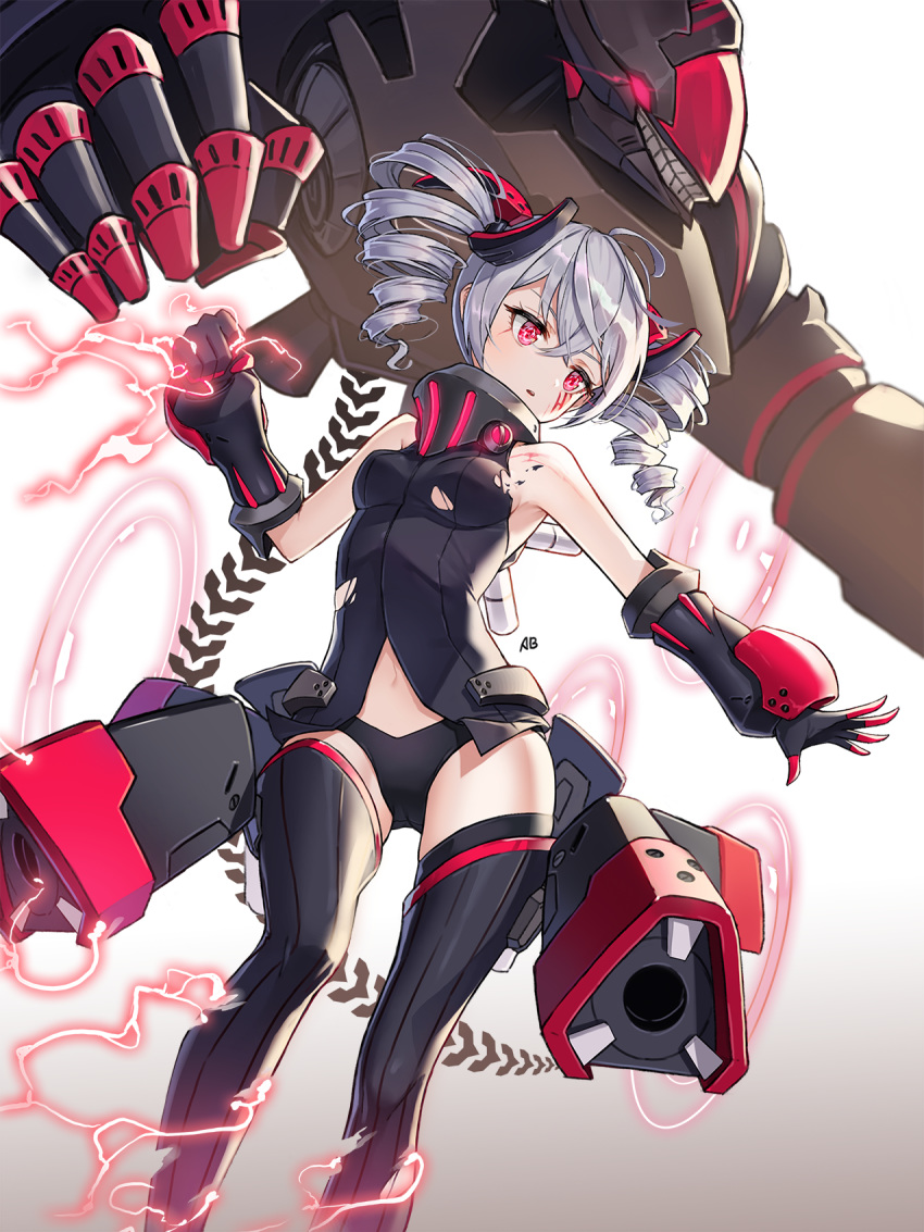 1girl aliceblue artist_name bare_shoulders black_legwear black_leotard breasts bronya_zaychik bronya_zaychik_(black_nucleus) charging clenched_hand drill_hair facial_mark floating gloves gradient gradient_background hair_between_eyes hair_ornament headgear highres honkai_(series) honkai_impact_3rd leotard lightning long_hair machinery outstretched_arm project_bunny red_eyes silver_hair simple_background small_breasts solo symbol-shaped_pupils thighhighs torn_clothes torn_leotard twin_drills