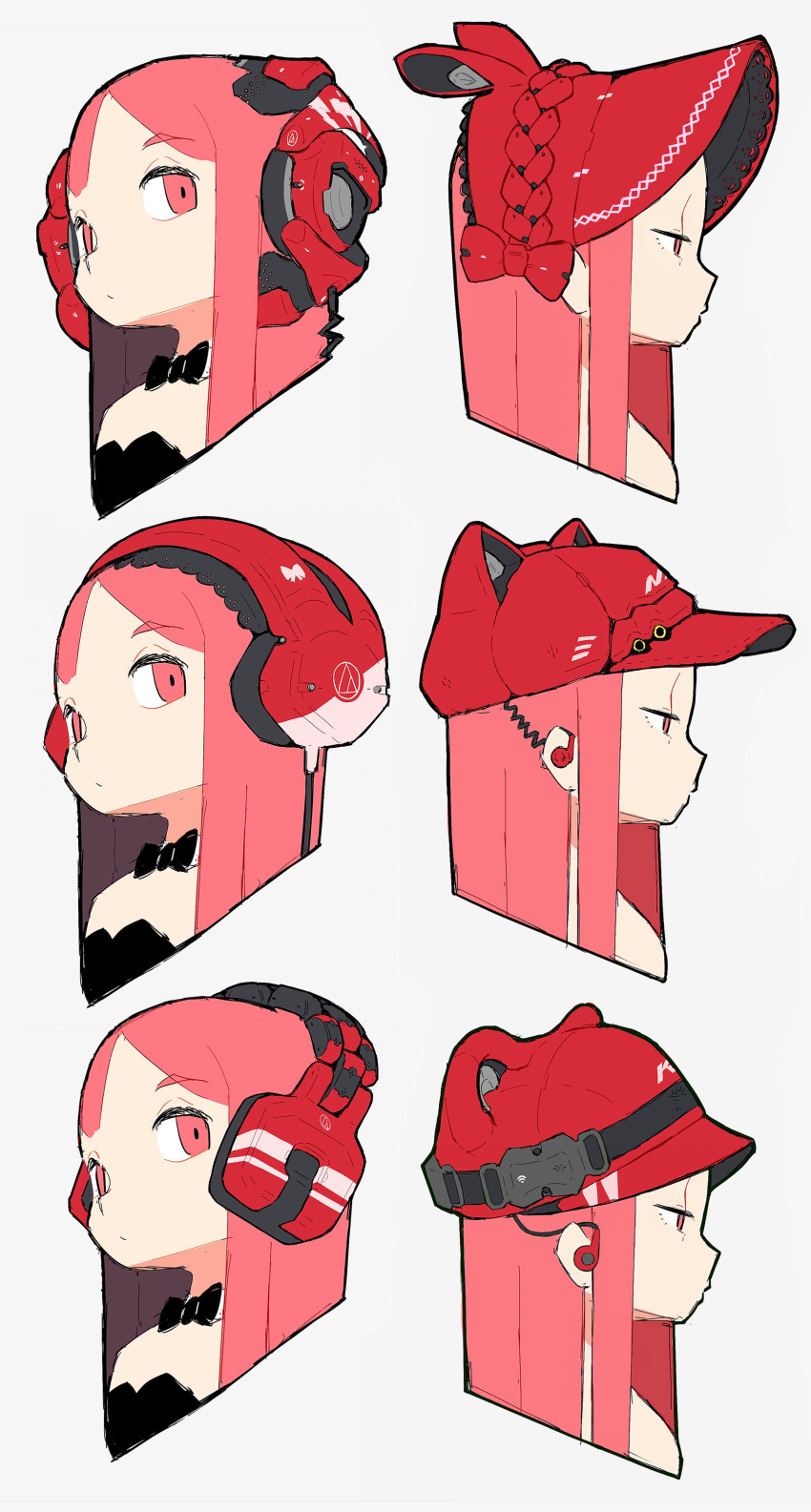 absurdres bow bowtie cap closed_mouth coif commentary earphones ears eiken3kyuboy headphones highres looking_at_viewer looking_to_the_side mechanical original pink_eyes pink_hair sketch straight_hair wire