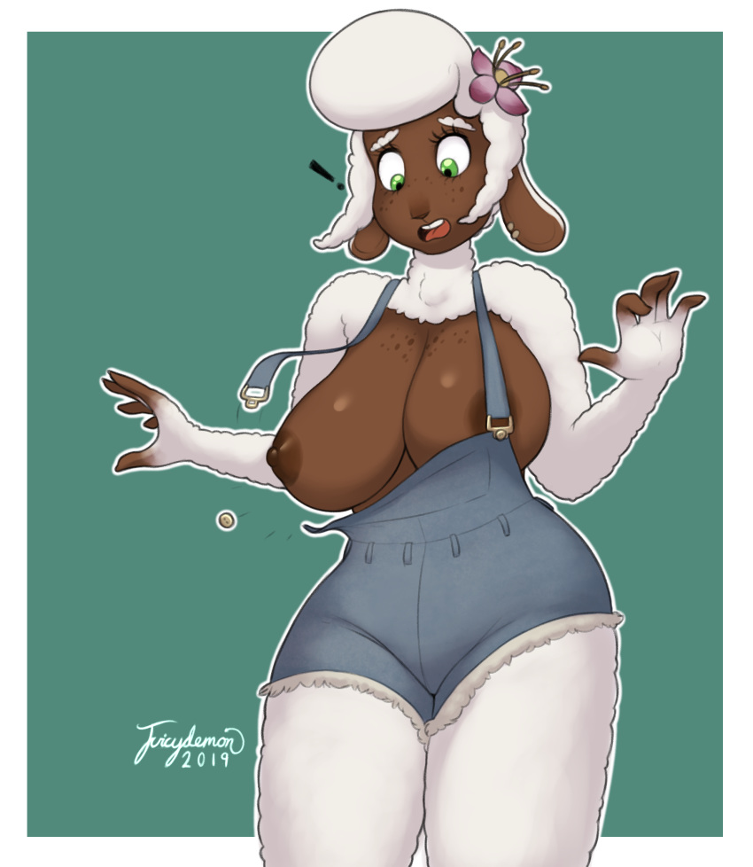 2018 anthro big_breasts bovid breasts brown_skin caprine clothing dark_skin digital_media_(artwork) domestic_sheep eyebrows eyelashes female flower freckles fur green_eyes hair hi_res holly_(character) huge_breasts juicydemon mammal nipples one_breast_out overalls plant pompadour sheep signature simple_background solo standing wardrobe_malfunction white_eyebrows white_fur white_hair wide_hips wool