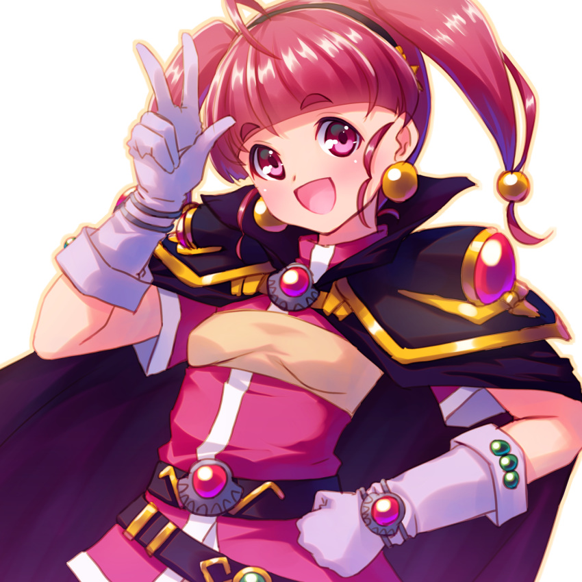 1girl :d ahoge belt black_cape black_hairband blush cape commentary_request cosplay earrings elbow_gloves gloves hairband hand_on_hip highres hoshina_hikaru jewelry lina_inverse lina_inverse_(cosplay) looking_at_viewer open_mouth pauldrons pink_eyes pink_hair precure sayousuke short_hair simple_background slayers smile solo star_twinkle_precure twintails v white_background white_gloves