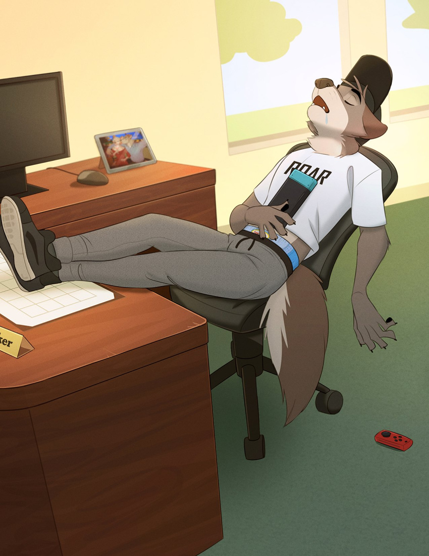 anthro brooks canid canine canis chair clothing colt3n computer desk diaper drooling hat headgear headwear hi_res mammal nintendo nintendo_switch open_mouth pull-ups(diaper) saliva shirt sleeping solo sweatpants topwear video_games wolf