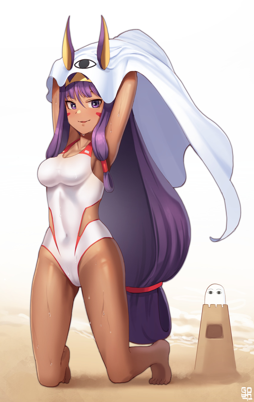1girl absurdres animal_ears armpits arms_up bangs breasts collarbone commentary_request competition_swimsuit cosplay covered_navel dark_skin ears_through_headwear eyebrows_visible_through_hair facial_mark fate/grand_order fate_(series) goback hair_between_eyes hairband highres jackal_ears kneeling long_hair looking_at_viewer low-tied_long_hair medium_breasts medjed medjed_(cosplay) nitocris_(fate/grand_order) nitocris_(swimsuit_assassin)_(fate) one-piece_swimsuit parted_lips purple_eyes purple_hair sand_castle sand_sculpture swimsuit very_long_hair white_background white_swimsuit