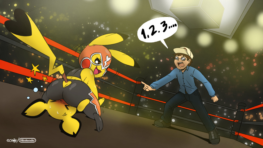 &lt;3 16:9 2019 arena asphyxiation big_butt big_tail black_nose blush butt cheek_spots clothing cosplay_pikachu counting crowd dialogue digital_media_(artwork) eyes_closed facesitting female fight fur group heart_tail hi_res human joaoppereiraus kneeling lights looking_back luchadora male mammal mask nintendo number pichu pikachu pikachu_libre pok&eacute;mon pok&eacute;mon_(species) referee size_difference slightly_chubby smaller_male star sweat thick_thighs video_games wrestling yellow_fur