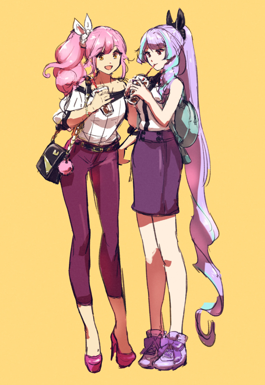 2girls black_bow black_scrunchie bow dress_shirt floating_hair hair_bow hair_ornament hair_scrunchie high_heels highres long_hair macross macross_delta makina_nakajima mikumo_guynemer miniskirt multiple_girls pants pencil_skirt pink_footwear pink_hair ponytail purple_bow purple_hair purple_pants purple_skirt scrunchie shimatani_azu shiny shiny_hair shirt shoes side_ponytail simple_background sketch skirt sleeveless sleeveless_shirt sneakers very_long_hair white_bow white_scrunchie white_shirt yellow_background