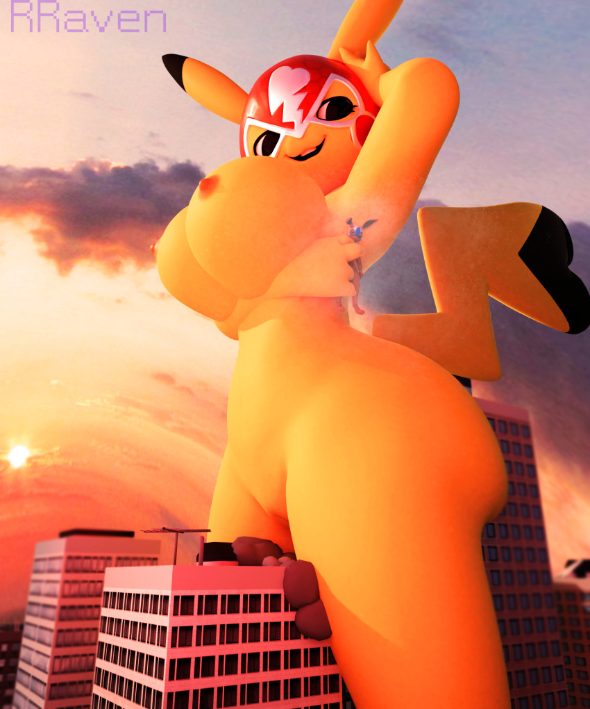 2019 3d_(artwork) anthro anthrofied breasts buckteeth building city cloud cosplay_pikachu crowd digital_media_(artwork) eevee group growth hi_res macro micro nintendo open_mouth pikachu pikachu_libre pok&eacute;mon pok&eacute;mon_(species) pussy rareraven sky smile sun surprise teeth video_games watermark