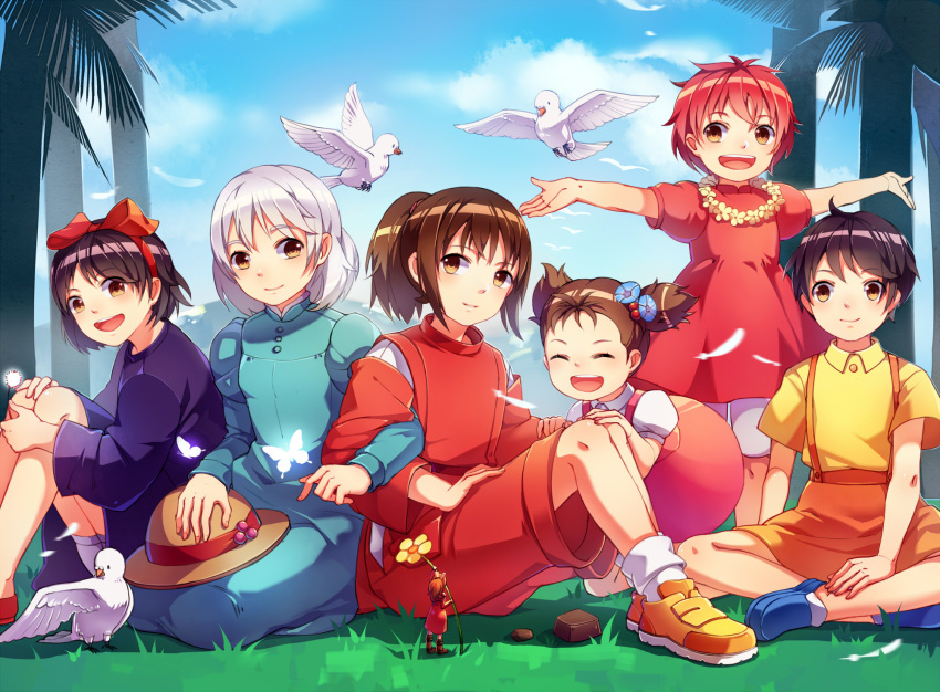 arrietty bird black_hair blue_eyes brown_hair child commentary_request company_connection crossover dress everyone flower gake_no_ue_no_ponyo hairband happy highres howl_no_ugoku_shiro karigurashi_no_arrietty kiki kusakabe_mei kusakabe_satsuki long_hair majo_no_takkyuubin multiple_girls no_socks ogino_chihiro ponyo ponytail red_hair sen_to_chihiro_no_kamikakushi shirajira_(pixiv7181724) short_hair skirt sky smile sophie_hatter studio_ghibli tied_hair tonari_no_totoro twintails white_bird white_hair