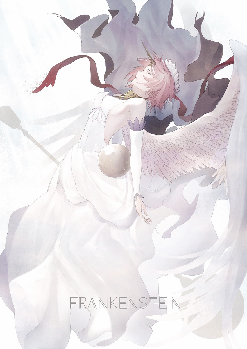 1girl absurdres angel_wings arched_back backless_dress backless_outfit bare_shoulders breasts character_name closed_eyes commentary_request detached_sleeves dress fate/grand_order fate_(series) feathered_wings frankenstein's_monster_(fate) highres horn long_sleeves marumoru medium_breasts parted_lips pink_hair red_ribbon ribbon short_hair sleeveless sleeveless_dress solo veil white_dress white_sleeves white_wings wings