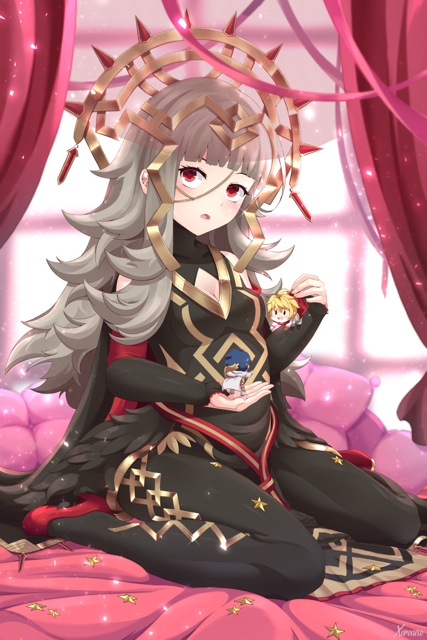 1girl :d absurdres alfonse_(fire_emblem) artist_name bangs black_cape black_pants blunt_bangs breasts cape character_doll chibi cleavage crown curtains detached_sleeves dragalia_lost glint gold_trim grey_hair hair_ornament headpiece highres huge_filesize indoors long_hair open_mouth pants red_eyes red_footwear sitting small_breasts smile star veronica_(fire_emblem) wariza wavy_hair window xereane