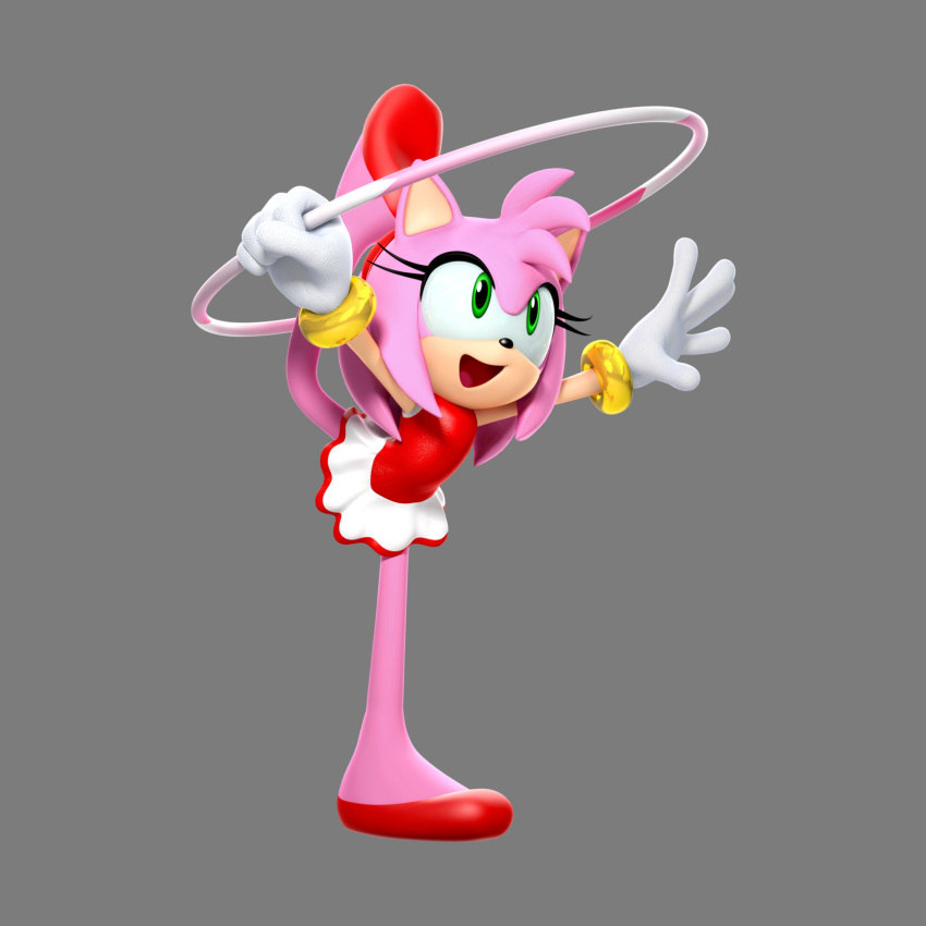 acrobatics amy_rose anthro bracelet dress eyelashes female female_focus female_only fur gloves green_eyes hair highres holding holding_object hoola_hoop hoop leg_lift leg_up legs mario_and_sonic_at_the_olympic_games official_art olympics open_mouth pink_fur pink_hair pose sega shoes skirt sleeveless smile sonic_(series) video_games