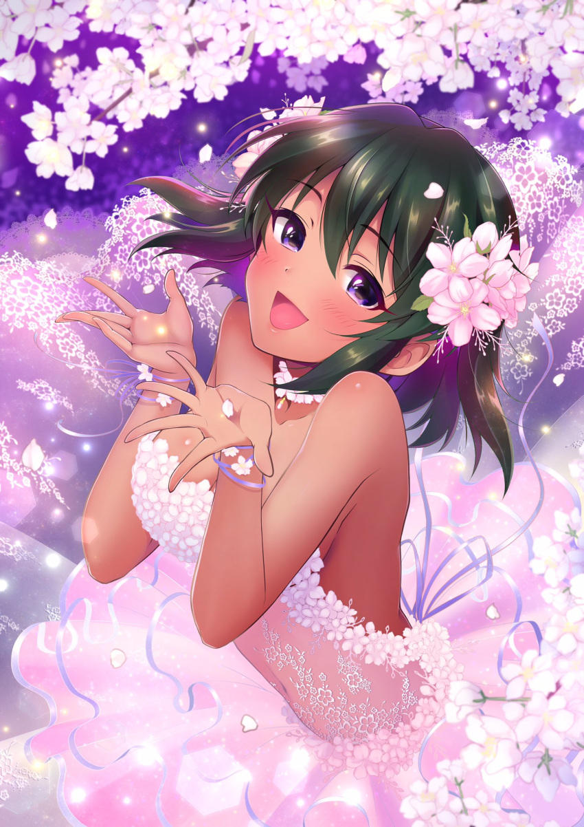 1girl blush brazilian choker dark_skin dress flower green_hair hair_flower hair_ornament highres idolmaster idolmaster_cinderella_girls natalia_(idolmaster) navel open_mouth petals purple_eyes ribbon see-through short_hair solo strapless strapless_dress yuki_sizuku