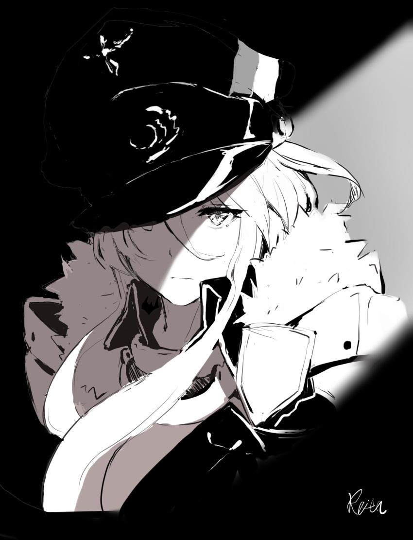 1girl absurdres azur_lane bangs bismarck_(azur_lane) breasts cleavage closed_mouth commentary_request fur_trim greyscale hair_between_eyes hat highres hoshizaki_reita large_breasts looking_at_viewer military military_jacket monochrome peaked_cap solo