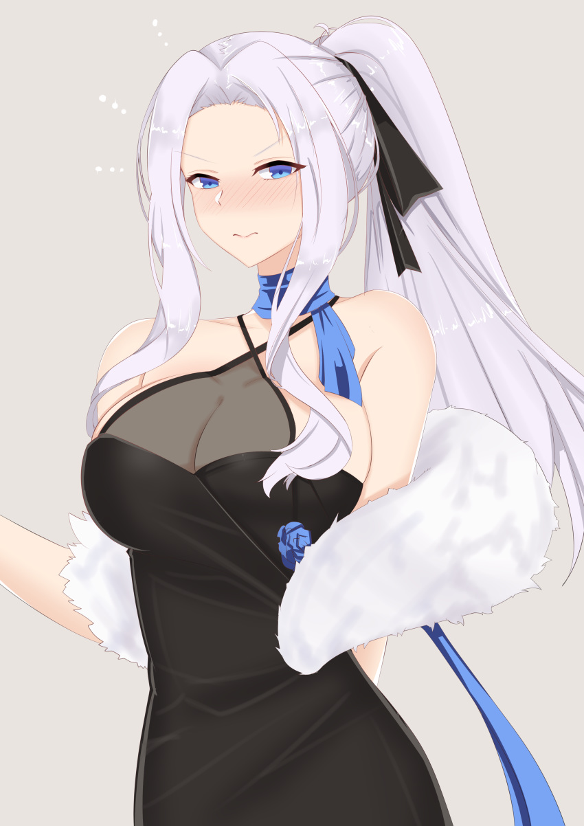1girl absurdres alternate_costume azur_lane bangs bare_shoulders black_dress black_ribbon blue_eyes blush breasts cleavage closed_mouth collarbone commentary_request dress embarrassed feather_boa frown grey_background hair_ribbon high_ponytail highres large_breasts long_hair looking_at_viewer nose_blush parted_bangs ribbon sidelocks silver_hair simple_background solo tastysalt tied_hair very_long_hair yorktown_(azur_lane)