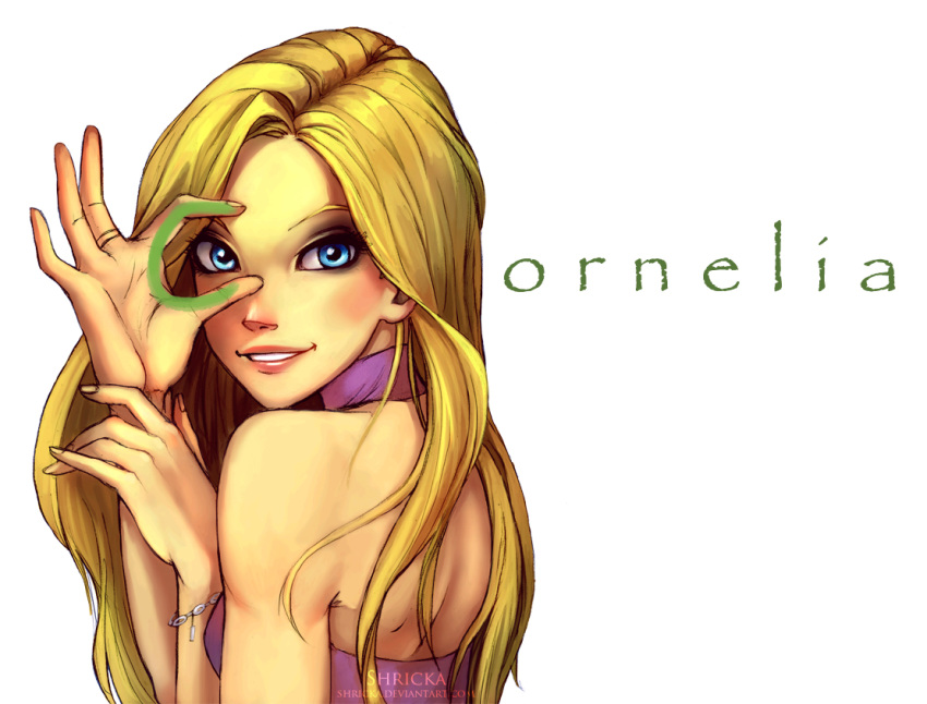 1girl artist_name back blonde_hair blue_eyes bracelet character_name cornelia_hale jewelry long_hair shricka solo teeth w.i.t.c.h. watermark web_address white_background