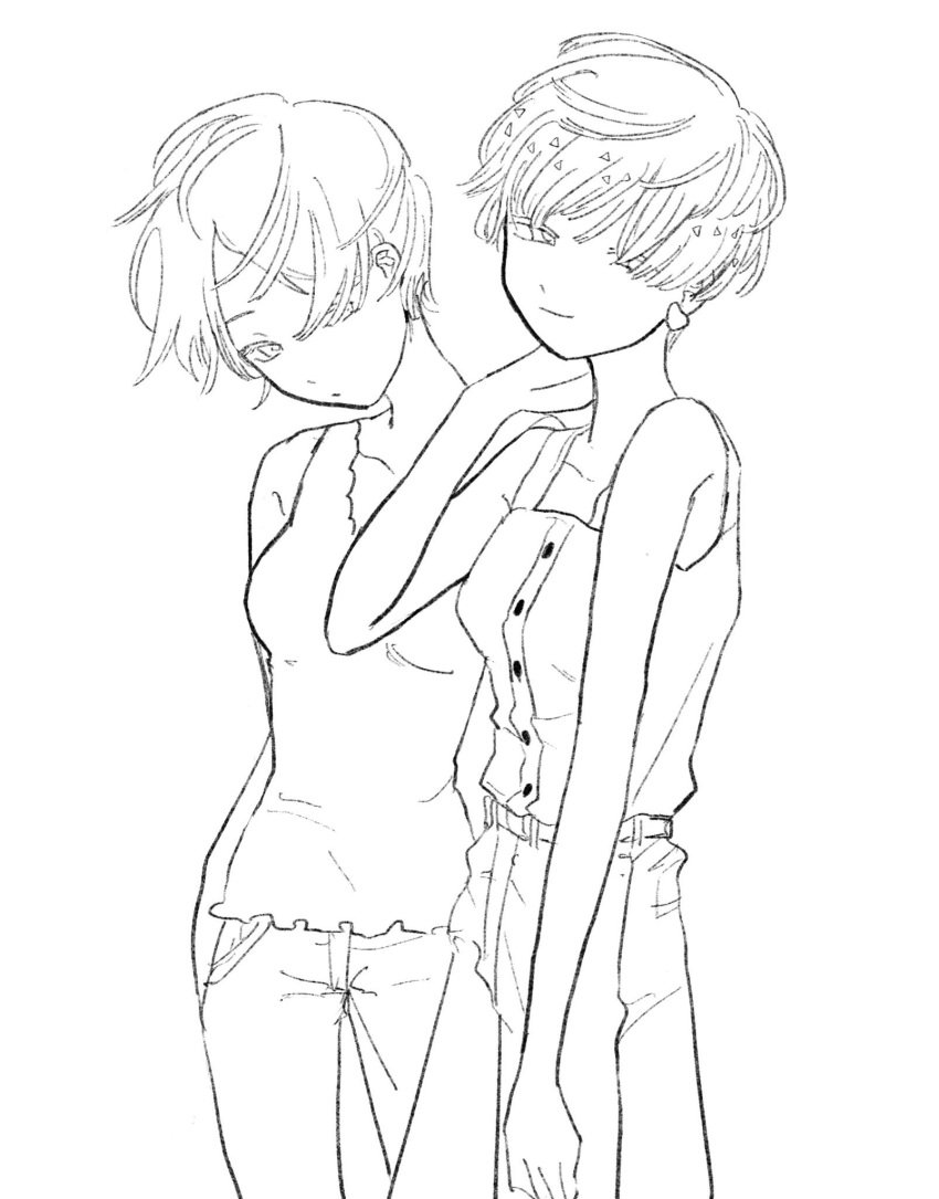 2girls alternate_costume bangs blunt_bangs contemporary dual_persona earrings highres houseki_no_kuni humanization jewelry lineart looking_at_viewer monochrome multiple_girls multiple_persona pants phosphophyllite phosphophyllite_(ll) short_hair skirt sleeveless smile sone_(sazikiri0302) spoilers tank_top