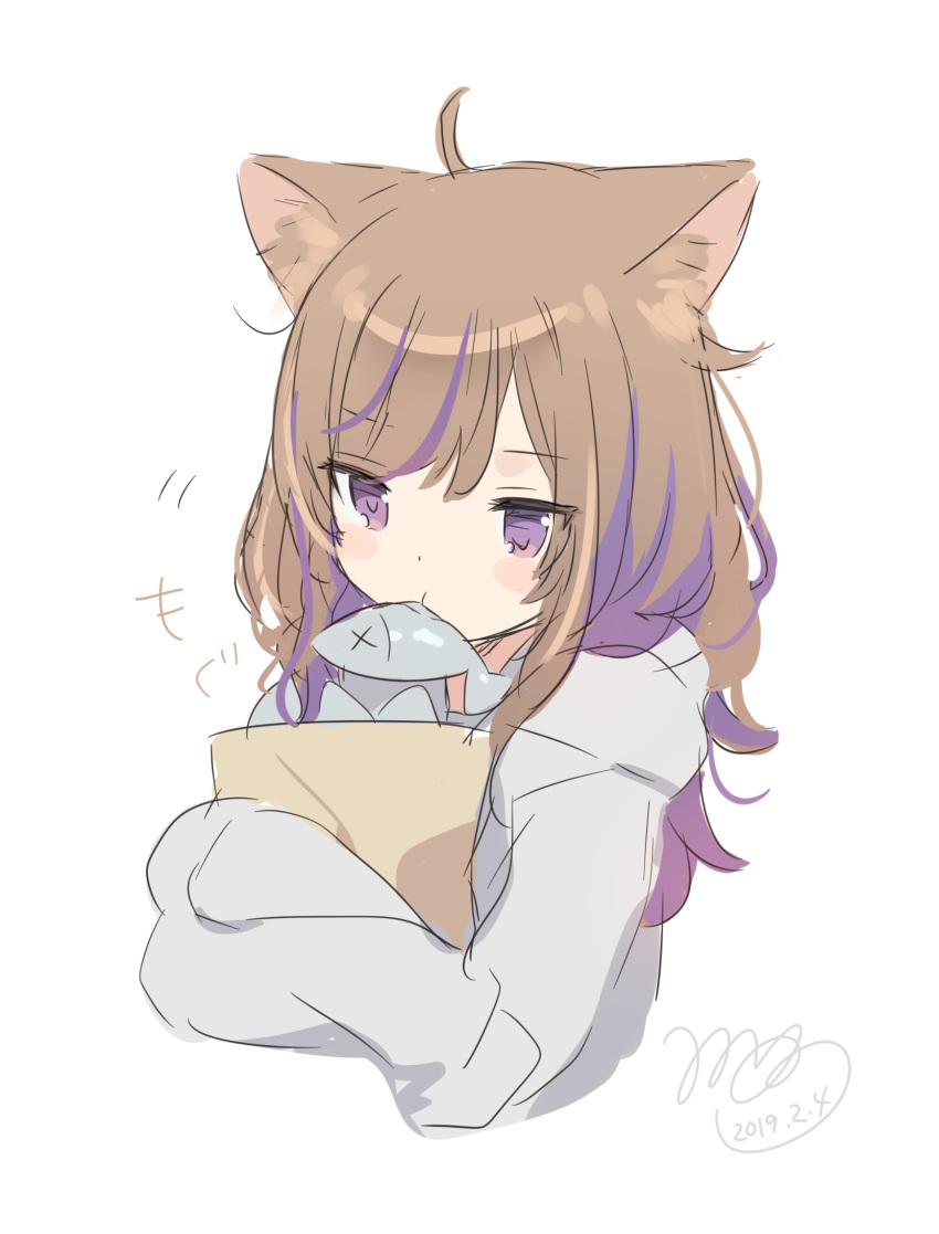 +++ 1girl ahoge animal animal_ear_fluff animal_ears blush_stickers brown_hair cat_ears closed_mouth fish food_in_mouth grey_hoodie highres hood hood_down hoodie long_hair mafuyu_(chibi21) mouth_hold multicolored_hair object_hug original purple_eyes purple_hair signature simple_background sketch solo streaked_hair white_background x_x