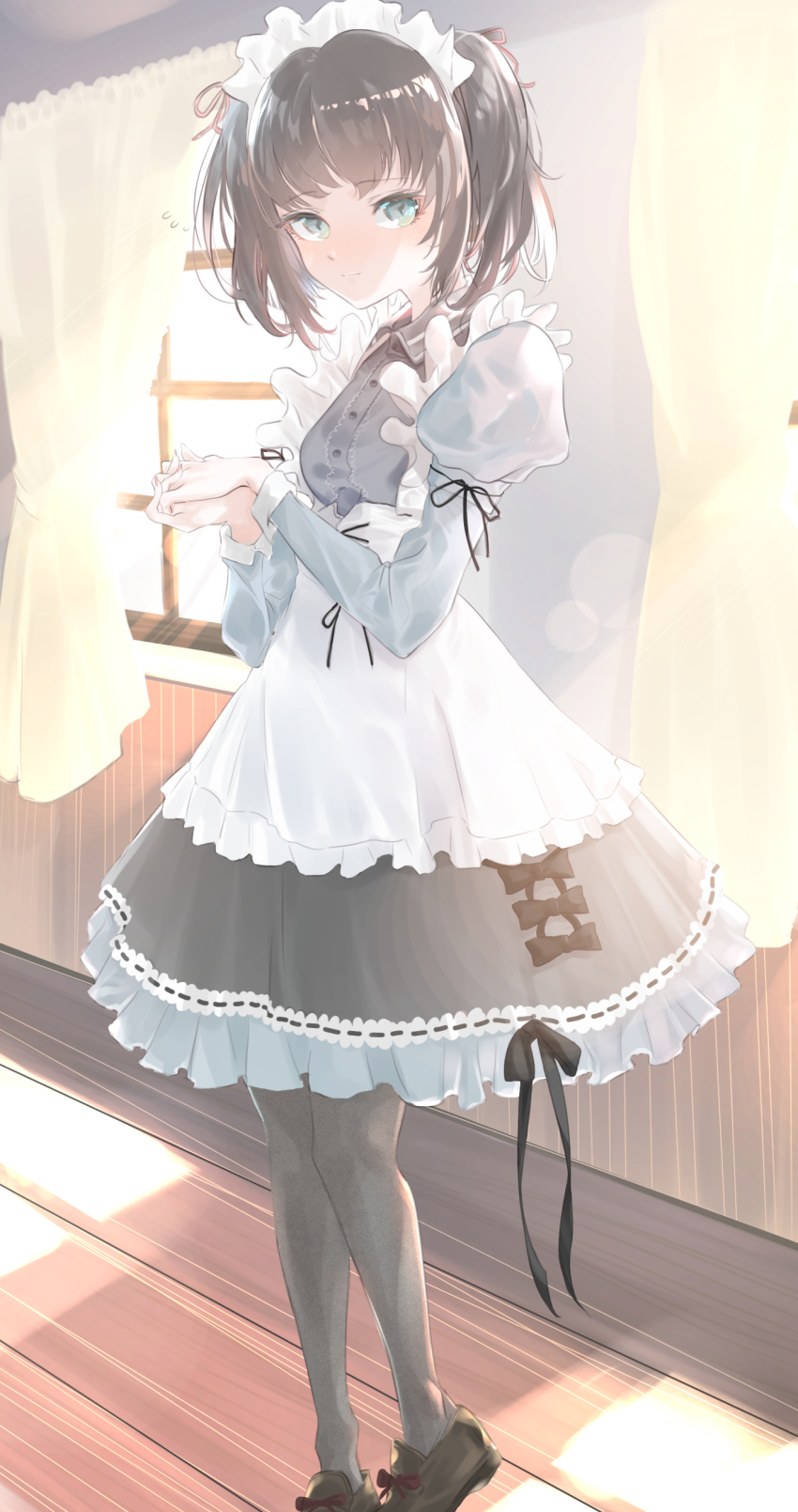 1girl absurdres aqua_eyes black_hair black_legwear black_ribbon blush breasts brown_footwear buttons closed_mouth commentary_request dress frilled frilled_sleeves frills hands_together highres interlocked_fingers layered_dress long_sleeves looking_at_viewer maid maid_dress maid_headdress matsunaga777 medium_breasts original pantyhose pink_ribbon pleated_dress red_nails ribbon short_hair solo standing sunlight sweatdrop twintails window wooden_floor yellow_horns