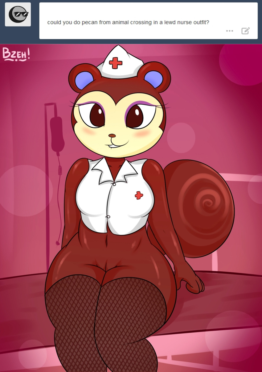 animal_crossing anthro bottomless breasts bzeh clothed clothing female fishnet fishnet_legwear hi_res legwear mammal nintendo nurse pecan_(animal_crossing) pussy rodent sciurid solo thick_thighs video_games