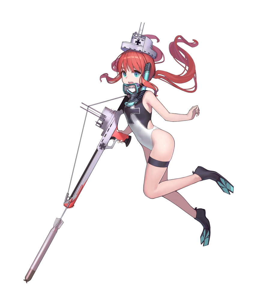 1girl :d bangs bare_arms bare_shoulders blue_eyes breasts commentary_request diving_mask eyebrows_behind_hair flippers full_body grey_headwear gun hat highres holding holding_gun holding_weapon iron_cross looking_at_viewer one-piece_swimsuit open_mouth qiongsheng red_hair round_teeth simple_background small_breasts smile snorkel solo swimsuit teeth thigh_strap torpedo twintails u-35_(warship_girls_r) upper_teeth warship_girls_r weapon white_background white_swimsuit