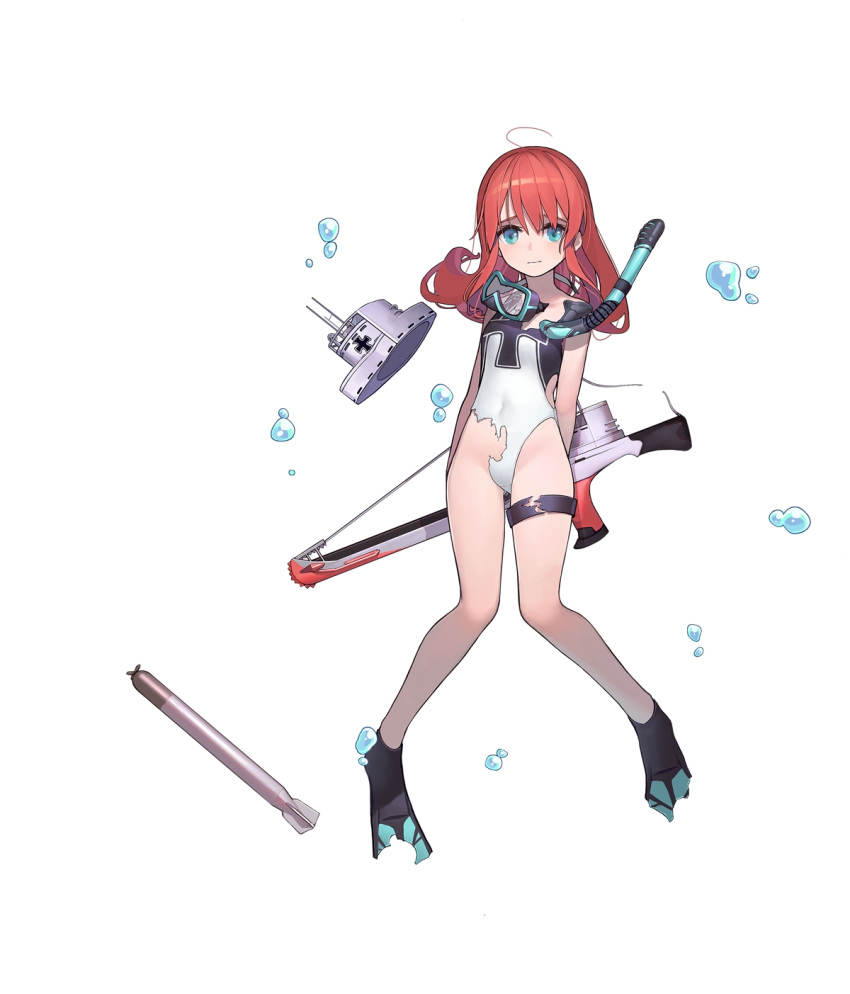 1girl ahoge air_bubble bangs bare_arms bare_shoulders blue_eyes breasts bubble closed_mouth diving_mask eyebrows_behind_hair flippers full_body grey_headwear gun hair_down hat hat_removed headwear_removed highres iron_cross looking_at_viewer one-piece_swimsuit qiongsheng red_hair simple_background small_breasts snorkel solo swimsuit thigh_strap torn_clothes torn_swimsuit torpedo twintails u-35_(warship_girls_r) warship_girls_r wavy_mouth weapon white_background white_swimsuit