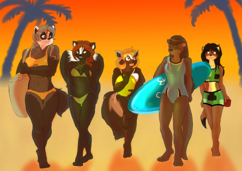 2019 5_fingers abs anthro badger beach bikini black_hair black_nose blonde_hair blue_eyes breasts brown_eyes brown_hair cleavage clothed clothing digital_media_(artwork) evening eyebrows female fluffy fluffy_tail fur green_eyes group hair jen_(mykegreywolf) kim_(mykegreywolf) liz_(mykegreywolf) lutrine mammal mel_(mykegreywolf) mephitid missebony muscular muscular_female mustela mustelid musteline nat_(mykegreywolf) navel open_mouth palm_trees purple_eyes red_hair seaside simple_background skunk small_breasts smile sunset surfboard swimwear wolverine