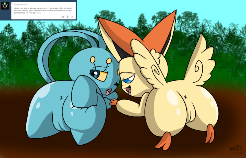 anus big_ears black_nose blue_eyes blue_sclera blue_skin butt butt_grab butt_wings cute_fangs duo fangs female feral fur hand_on_butt legendary_pok&eacute;mon looking_back lying mammal manaphy nintendo open_mouth orange_fur pok&eacute;mon pok&eacute;mon_(species) presenting presenting_hindquarters pussy smile take_your_pick tongue tongue_out tumblr victini video_games wings yellow_sclera yoshimister