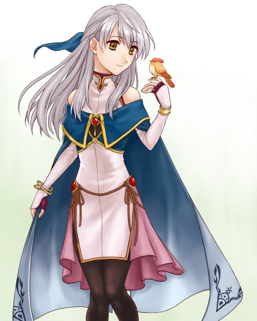 1girl animal animal_on_hand bangle bare_shoulders bird bird_on_hand black_legwear blue_cape bracelet cape detached_sleeves dress elbow_gloves fingerless_gloves fire_emblem fire_emblem:_akatsuki_no_megami gloves hair_ribbon half_updo hazuki_(nyorosuke) highres jewelry looking_at_animal looking_at_another micaiah red_gloves ribbon ruby_(gemstone) side_slit silver_hair simple_background sleeveless sleeveless_dress smile solo turtleneck turtleneck_dress white_background yellow_eyes yune