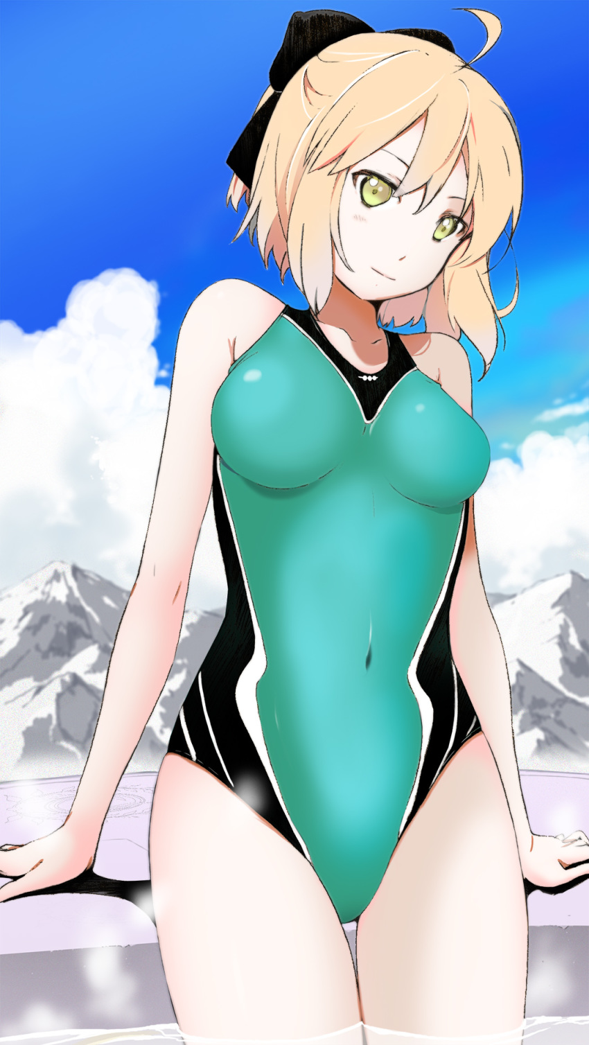 1girl ahoge aqua_swimsuit arm_support black_bow blonde_hair blue_background bow breasts breasts_apart closed_mouth cloud collarbone competition_swimsuit covered_navel cowboy_shot day fate/grand_order fate_(series) hair_between_eyes hair_bow head_tilt highres looking_at_viewer okita_souji_(fate) okita_souji_(fate)_(all) one-piece_swimsuit outdoors short_hair solo swimsuit thigh_gap wading yellow_eyes yoshinaga_yunosuke