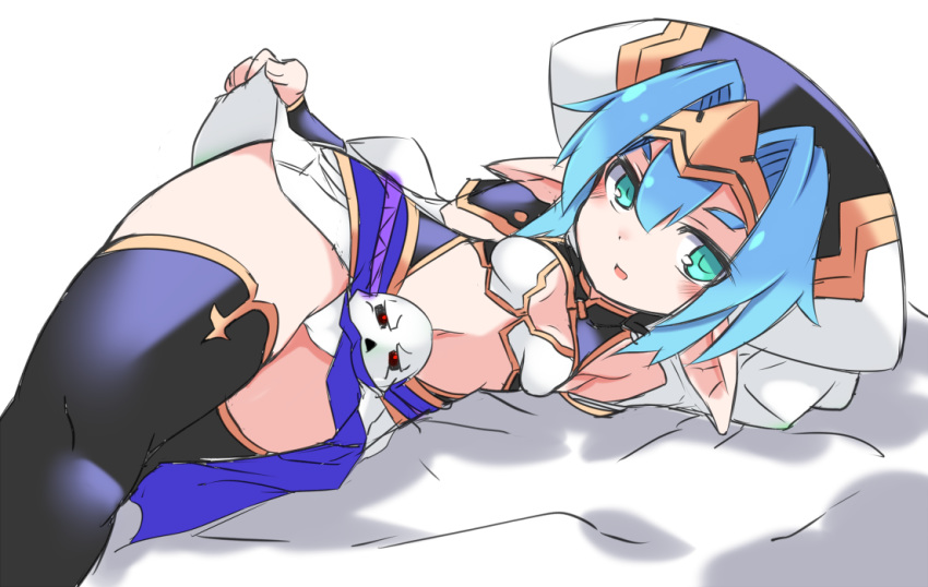 1girl armpits bangs bed_sheet black_legwear blue_hair blush breasts glowing glowing_eyes green_eyes hair_between_eyes hair_intakes hat headpiece hellmatio karukan_(monjya) lifted_by_self long_sleeves lying navel on_side parted_lips pointy_ears puffy_long_sleeves puffy_sleeves purple_headwear shinrabanshou skirt skirt_lift skull small_breasts solo thick_eyebrows thighhighs white_background white_skirt