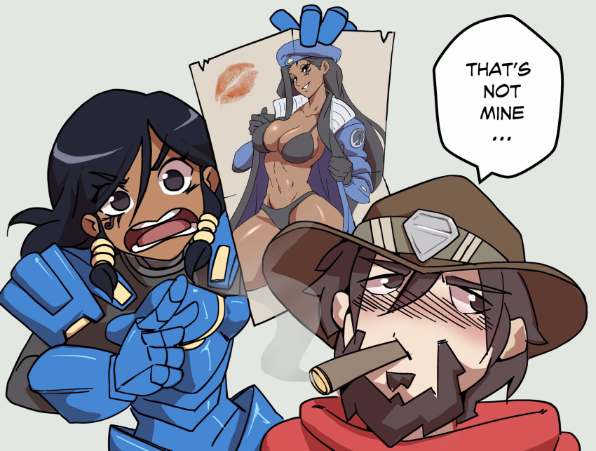 1boy 1girl alternate_costume ana_(overwatch) beard beret bikini black_bikini black_gloves black_hair blush breasts brown_eyes captain_amari caught cigar cleavage coat commentary cowboy_hat dark_skin english_commentary english_text eye_of_horus facial_hair facial_tattoo gloves hat highres large_breasts lipstick_mark long_coat long_hair mccree_(overwatch) mother_and_daughter navel nisego open_clothes open_coat overwatch overwatch_(logo) pharah_(overwatch) photo_(object) pinup power_armor smoking swimsuit swimsuit_under_clothes tattoo thighs undressing younger