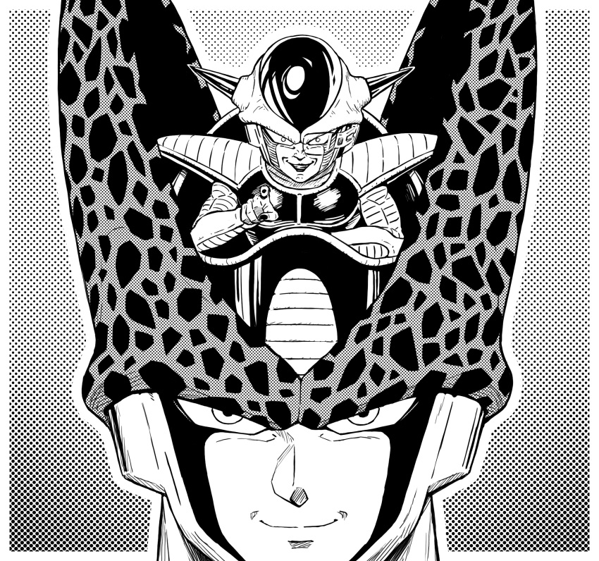 alien armor bio-android_(dragon_ball) black_and_white black_lips cell_(dragon_ball) dragon_ball duo frieza frieza_race gesture hi_res horn humanoid looking_at_viewer male monochrome pointing pointing_at_viewer sakkan69 scouter shoulder_guards size_difference