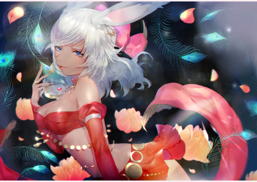 1girl animal_ears bangs bare_shoulders blue_eyes breasts bunny_ears cleavage dark_skin detached_sleeves earrings feathers final_fantasy final_fantasy_xiv harem_outfit highres jewelry long_hair looking_at_viewer medium_breasts mimumiri necklace profile skirt smile solo strapless swept_bangs viera white_hair