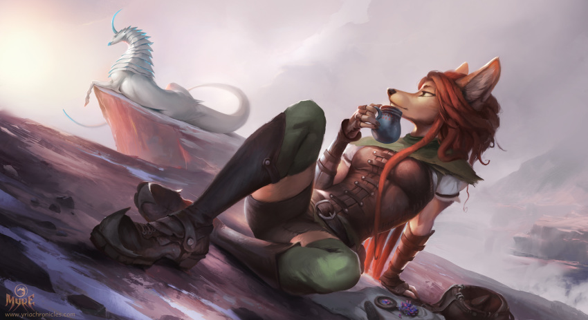 2019 alectorfencer anthro belt breasts canid canine canis cliff clothed clothing coyote cup digital_media_(artwork) dragon dreadlocks equid fog footwear hair hi_res holding_object horn hybrid inner_ear_fluff long_hair mammal myre orange_hair outside reclining shoes stone unicorn varug