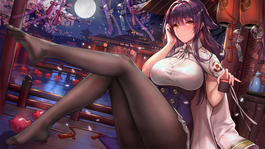 1girl azuma_(azur_lane) azur_lane bangs black_hair black_legwear blush bra_through_clothes breasts bridge brown_eyes buttons corset cup double-breasted eyebrows_visible_through_hair flower full_moon hair_between_eyes hair_ornament hairclip hand_on_own_cheek highres holding holding_cup huge_breasts indoors jacket_on_shoulders lantern large_breasts leg_up long_hair looking_at_viewer moon night no_shoes open_mouth pantyhose petals red_flower shirt sidelocks sitting skirt sleeveless sleeveless_shirt smile solo taut_clothes taut_shirt water white_coat white_shirt wind wind_chime zjsstc