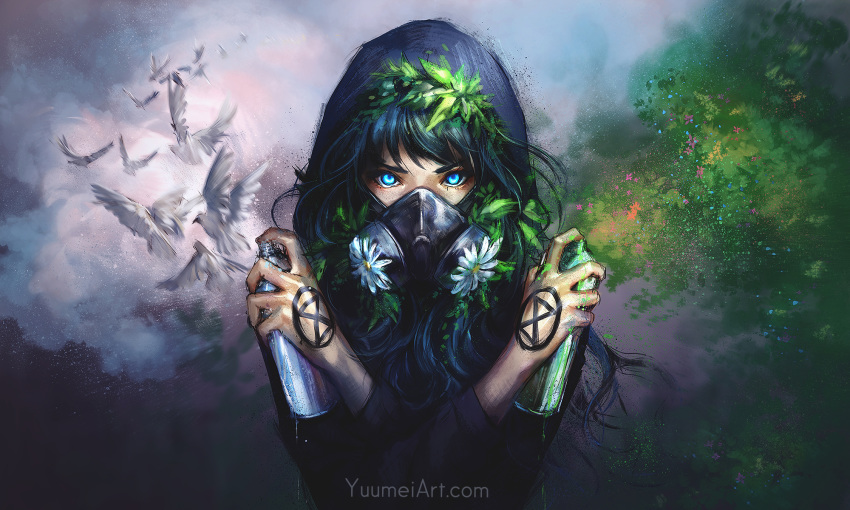 1girl bangs bird black_hair blue_eyes english_commentary flower gas_mask highres holding hood hood_up hoodie long_hair looking_at_viewer original solo spray_can swept_bangs upper_body watermark web_address wenqing_yan