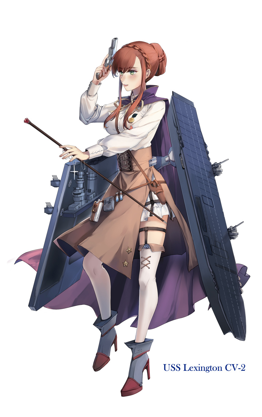 1girl aa_gun aircraft_carrier braid brown_hair cape character_name cross crown_braid english_commentary flight_deck full_body green_eyes gun hair_bun handgun high_heels highres holding holding_gun holding_weapon holster long_sleeves machinery mecha_musume military military_vehicle original personification purple_cape revolver rosary ship shirt short_hair_with_long_locks simple_background solo thighhighs uss_lexington_(cv-2) warship watercraft weapon white_background white_legwear white_shirt yorktown_cv-5