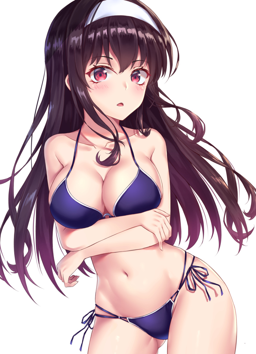 1girl bikini black_hair breasts cleavage collarbone cowboy_shot crossed_arms d: hairband highres kasumigaoka_utaha large_breasts long_hair looking_at_viewer multi-strapped_bikini navel o-ring o-ring_top open_mouth purple_bikini red_eyes saenai_heroine_no_sodatekata side-tie_bikini simple_background solo swimsuit user_wye9686 white_background white_hairband