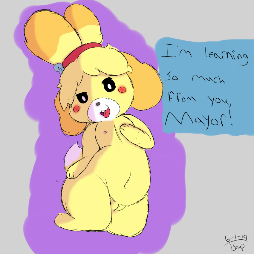 1:1 2019 absurd_res animal_crossing anthro blush breasts canid canine canis clitoris digital_media_(artwork) dipstick_tail domestic_dog english_text female hair hi_res inside isabelle_(animal_crossing) kneeling looking_at_viewer mammal multicolored_tail naughty_face nintendo nude plump_labia pose presenting pussy raised_arm shih_tzu short_hair sketch small_breasts smile solo text tongue tongue_out toony toy_dog tsoup video_games